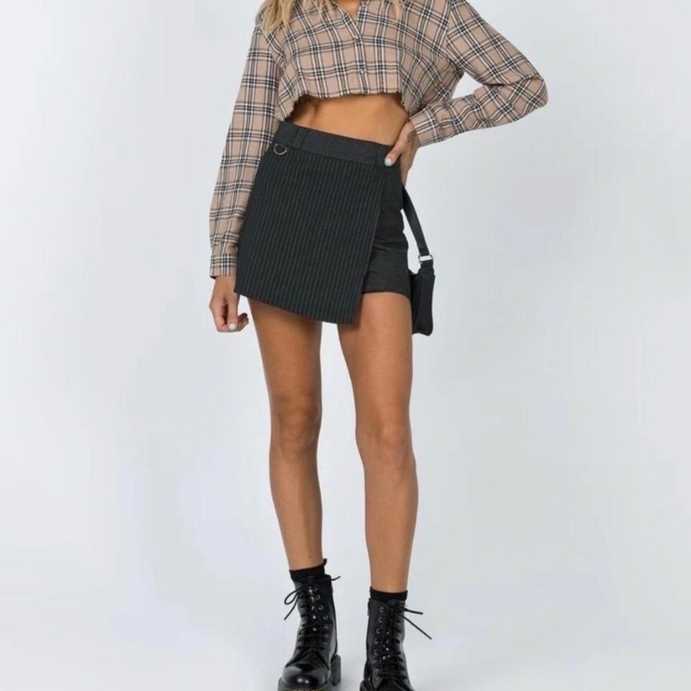 Princess Polly Black Everly Pinstripe Skort Asymmetrical Wrap Front D-Ring  6